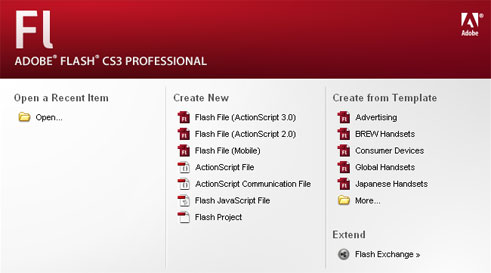 The startup panel in Flash CS3.